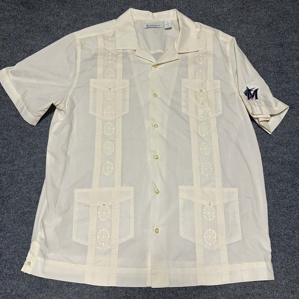 Cubavera Miami Marlins Guayabera Shirt Mens Large Cream Embroidered MLB Baseball